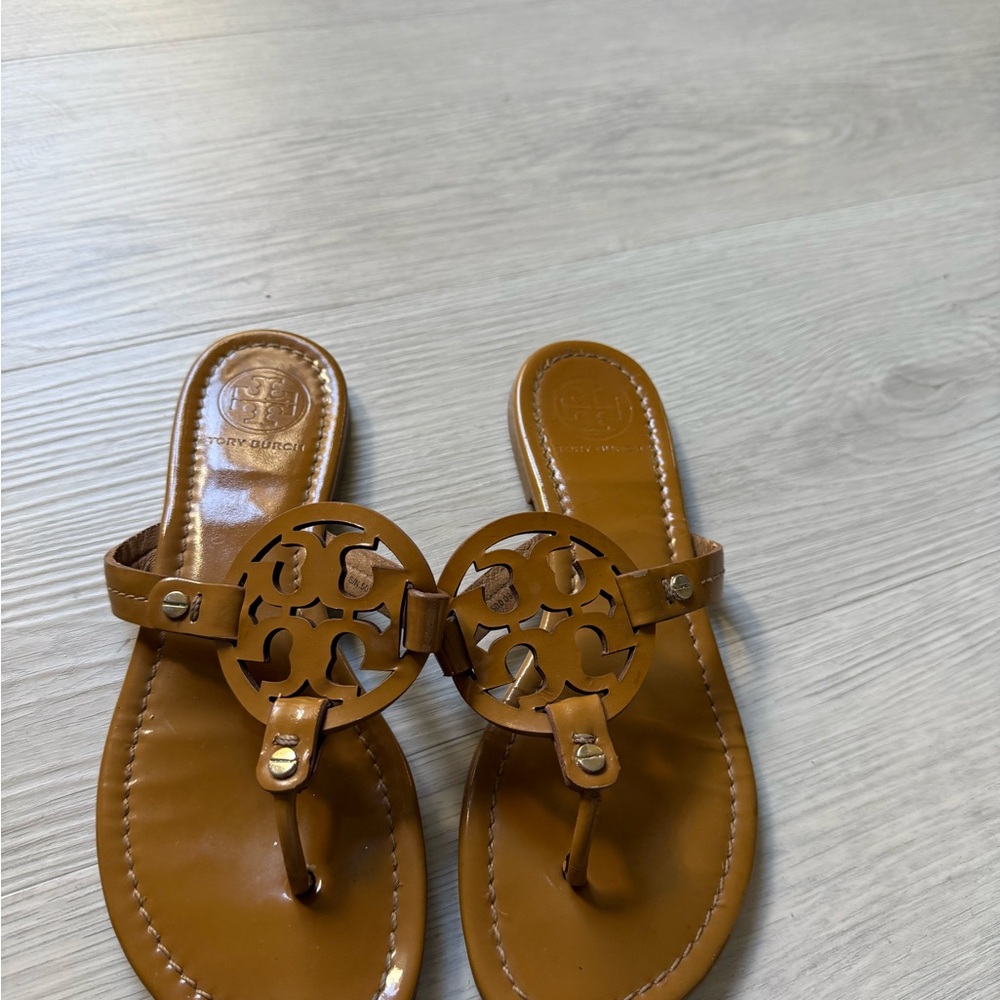 Tory Burch Tan Leather Logo Thong Sandals